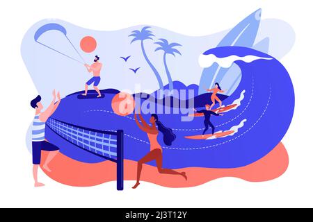 Tiny people adults playing volleyball, surfing and kitesurfing. Summer beach activities, seacoast entertainment, sea animation services concept. Pinki Stock Vector