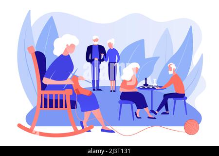 Pensioners pastime at senior home. Aged couple playing chess. Activities for seniors, elderly active lifestyle, older people time spending concept. Pi Stock Vector