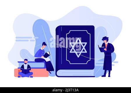 Jews in national costumes reading about religion, Torah, tiny people. Torah Judaism holy book, Jewish Beliefs on Jesus, orthodox Judaism concept. Pink Stock Vector