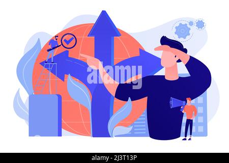 Career opportunity. Life coaching, self development. Path, direction choosing. Decision making, problem solving activity, best decision here concept. Stock Vector