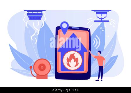 Flame in house remote notification. Smart home, high tech. Fire alarm system, fire prevention methods, smoke and fire alarm concept. Pinkish coral blu Stock Vector
