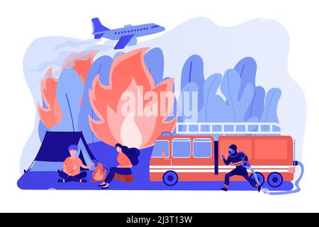 Firefighting emergency service. Fireman with hose character. Prevention of wildfire, forest and grass fire, conflagration safety engineering concept. Stock Vector