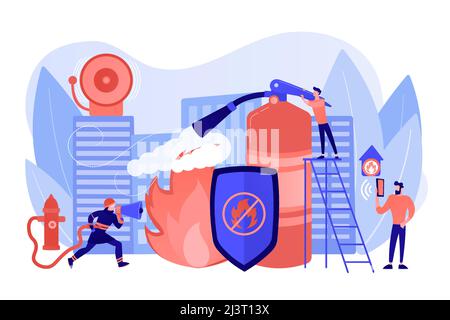 Firefighter extinguishing flame character. Rescuer dangerous job. Fire protection, fire prevention technologies, fire protection services concept. Pin Stock Vector