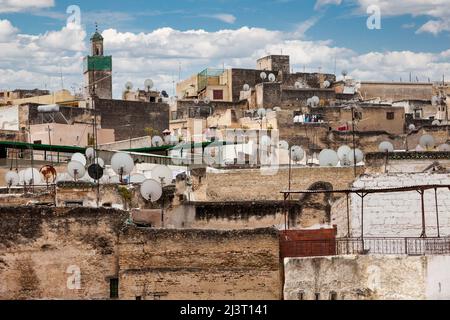 Fes, Morocco.  Satellite Dishes on Houses in the Medina (Old City), Fes El-Bali. Stock Photo