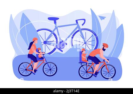 Healthy lifestyle, parents and children doing sport together. Cycling experiences, family bike walks, best bike trails, modern cycling gears concept. Stock Vector