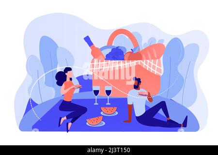 Girlfriend and boyfriend dating, couple in love eating lunch on nature. Summer picnic, park family time spending, cookout special supplies concept. Pi Stock Vector