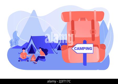 Tent in forest, tourists hiking, backpacking holiday. Summer camping, family camping adventure, sleepaway camp, best camping gears here concept. Pinki Stock Vector