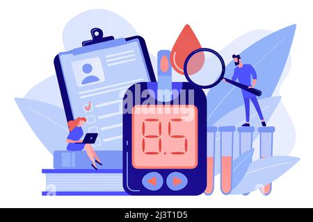 Doctor with magnifier and blood glucose testing meter. Diabetes mellitus, type 2 diabetes and insulin production concept on white background. Pinkish Stock Vector