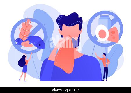 Man having food allergy symptoms to products like fish, milk and eggs. Food allergy, food alergen ingredient, allergy risk factor concept. Pinkish cor Stock Vector