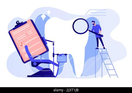 Dentist with magnifier on ladder examining huge patient tooth and dental chair. Private dentistry, dental service, private dental clinic concept. Pink Stock Vector