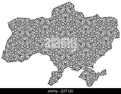 Ukraine map pattern coloring page for adults with sunflowers, peace signs and love Stock Vector