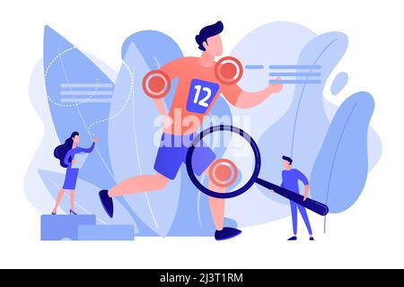 Athlete running and tiny people physicians treating injuries. Sports medicine, sports medical services, sports physician specialist concept. Pinkish c Stock Vector