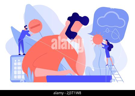 Businessman feeling bad with depressive symptoms, tiny people. Seasonal affective disorder, mood disorder, depression symptoms treatment concept. Pink Stock Vector