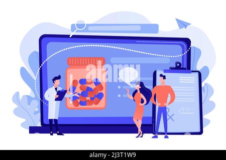 Tiny people, doctor prescribing medicine to patients online. Online prescription system, prescription management system, online pharmacy concept. Pink Stock Vector