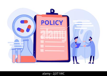 Pharmaceutical policy on clipboard and researchers, tiny people. Pharmaceutical policy, pharmaceutical lobby, drugs production control concept. Pinkis Stock Vector