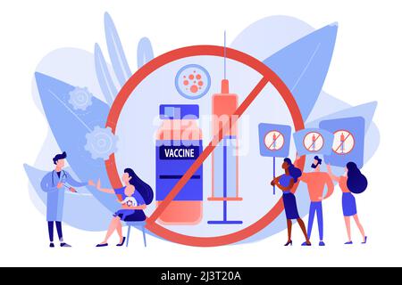 Anti-vaccination protest, people rejecting preventive medicine. Vaccine refusal, mandatory immunization, vaccination hesitancy concept. Pinkish coral Stock Vector