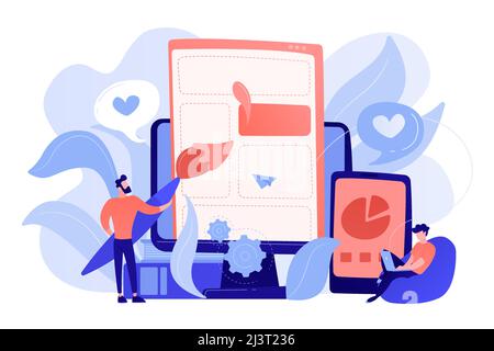 People drawing web page elements on the smartphone and LCD screen. Front end development it concept. Software development process. Pinkish coral blue Stock Vector