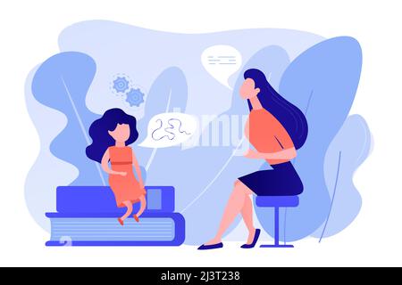 Speech-language pathologist. Basic language skills. Articulation problem. Speech therapy, language therapy, improve language development concept. Pink Stock Vector