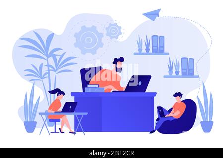 Business people working in modern eco-friendly office with plants and flowers. Biophilic design room, eco-friendly workspace, green office concept. Pi Stock Vector