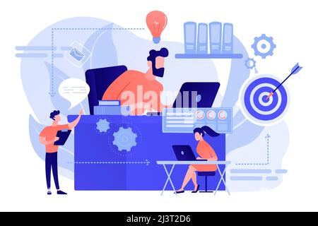 Business team and work process steps from idea to target. Business workflow, business process efficiency, working activity pattern concept. Pinkish co Stock Vector
