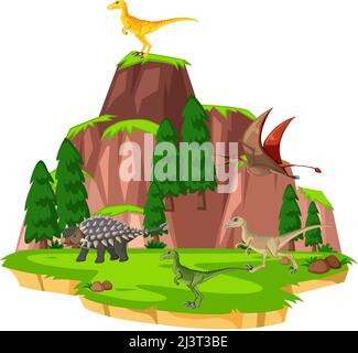Scene with dinosaurs on island illustration Stock Vector
