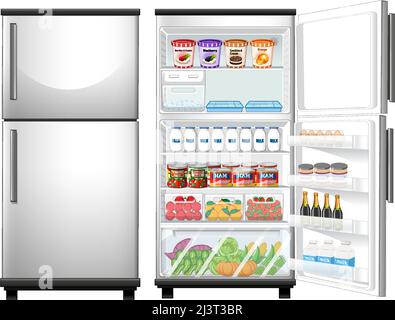 Refrigerator closed and opened door with lots of food illustration Stock Vector