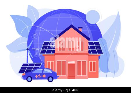 Future smart tech. Alternative electrical power, ecology friendly energy. Eco house, environmentally low-impact home, ecohome technology concept. Pink Stock Vector