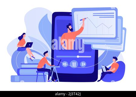 Students watching recorded lecture with professor talking from tablet. Podcast courses, audio and video recording, class recording access concept. Vec Stock Vector