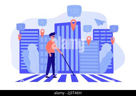 A blind man crossing the street with smart tags and voice notifications around. Barrier-free convenient environment as IoT and smart city concept. Vec Stock Vector