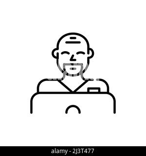 Young professional nurse. Smiling man working and learning at laptop. Pixel perfect, editable stroke icon Stock Vector