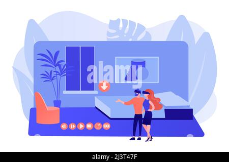 Couple in VR glasses. Property virtual reality simulation. Real estate virtual tour, VR virtual house tour, virtual tours creating services concept. P Stock Vector
