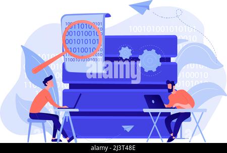 Programmers with laptops working on code and big data. Software development, data processing and analysis, data applications and management concept. V Stock Vector