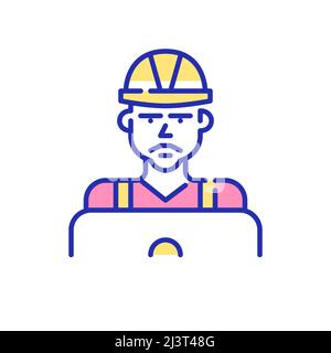 Construction worker using laptop. Pixel perfect, editable stroke fun color icon Stock Vector