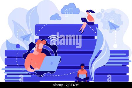 Users with laptops working with database. Data storage and organization, information access and management, big data protection concept. Vector isolat Stock Vector