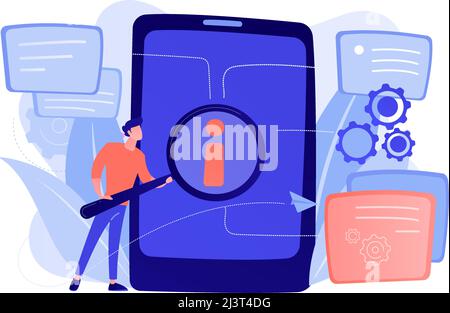 User looking for information in tablet with magnifier. Electronic goods technical assistance guide, manual for computer hardware and software concept. Stock Vector