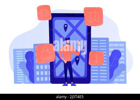 A man near huge LCD screen with city map and gps tags on the screen getting information about the city. Mobile center, smart guide, IoT and smart city Stock Vector