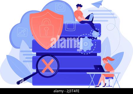 Protection shield with lock, magnifier and users working with protected data. Internet security, privacy and data protection, safe work concept. Vecto Stock Vector