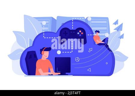Two gamers playing computer connected with joystick. Gaming on demand, video and file streaming, cloud technology, various devices gaming concept. Vec Stock Vector