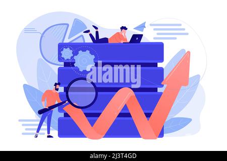 Developer with magnifying glass working with big data and zigzag arrow. Digital analytics tools, data storage and software engineering concept. Vector Stock Vector