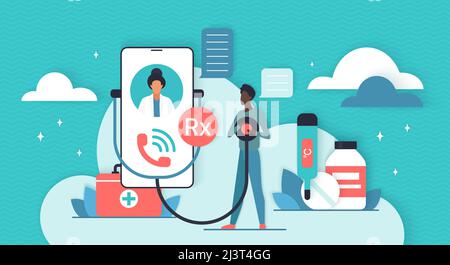 Virtual medical help, health consultation for diagnosis and RX prescription. Video call of tiny patient to doctor via mobile phone flat vector illustration. Telehealth, healthcare, medicine concept Stock Vector