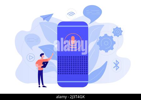 User with voice controlled smart speaker or voice assistant. Voice activated digital assistants, home automation hub, internet of things concept. Vect Stock Vector