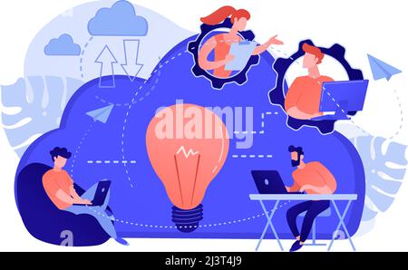 Coworking team of users connected by cloud computing and light bulb. Online collaboration, remote business management, wireless computing service conc Stock Vector