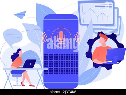 Smart speaker used by office workers. Smart office controller and voice commands, voice controlled office digital devices and Internet of things conce Stock Vector