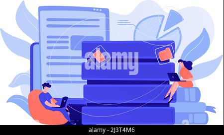 Users working on laptops with data entry. Big data services and technology, information entry equipment, database update and data management concept. Stock Vector