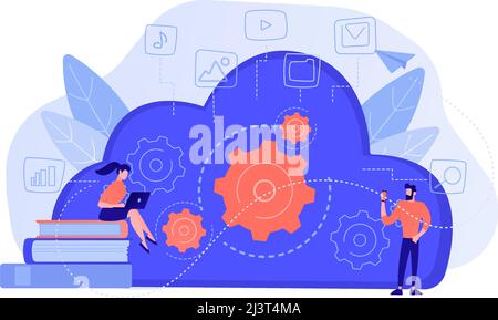 Developers using laptop and smartphone working with cloud data. Multimedia and big data architecture, database, cloud computing, cloud platform concep Stock Vector
