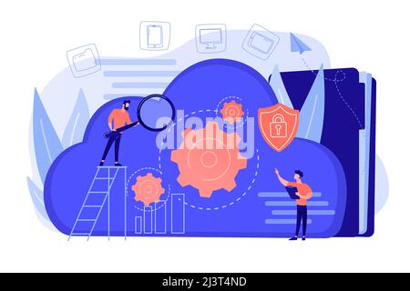 Two developers looking at the gears on the cloud. Digital data storage, database securiry, data protection, cloud technology concept. Vector illustrat Stock Vector