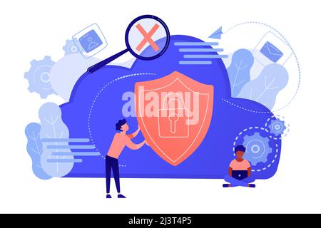 Man holding security shield and developer using laptop. Data and applications protection, network and information security, safe cloud storage concept Stock Vector