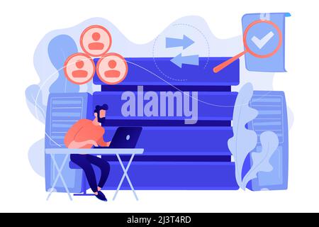Developer working with management information system. Information system security and integrity, big data, financial information organization concept. Stock Vector