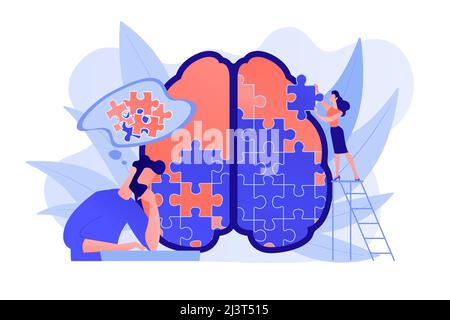 Man doing human brain puzzle. Psychology and psychotherapy session, mental healing and wellbeing, therapist counselling mental illness and difficultie Stock Vector