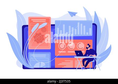 Digital marketing strategist working with digital technologies and media. Attribution modeling, brand insight and measurement tools concept. Pinkish c Stock Vector